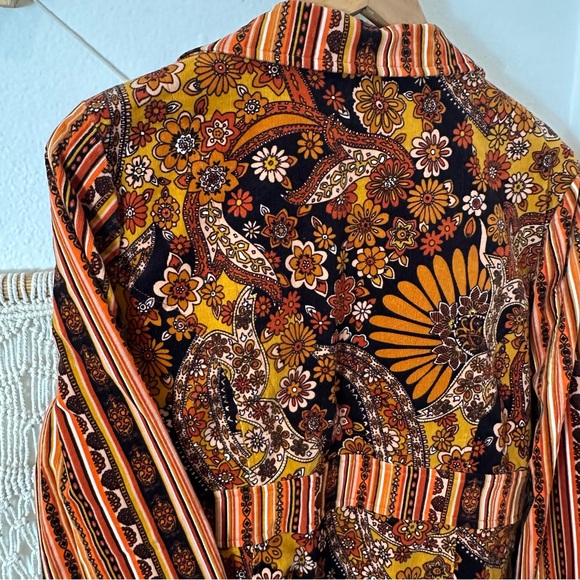 70s Boho Vintage Floral Flower Power Patchwork Trench Coat in Brown & Mustard XL - Picture 13 of 14